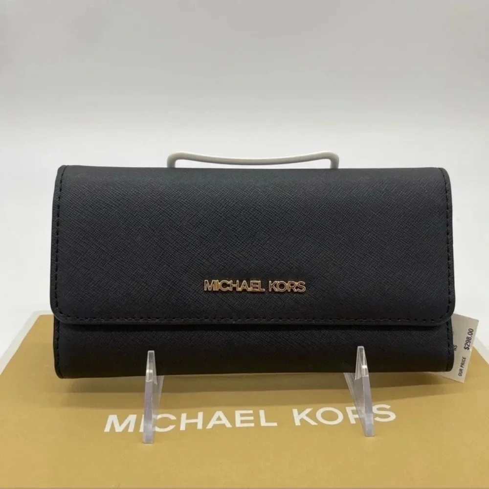 Michael Kors Large Trifold Wallet Black Leather Rich Black/Gold